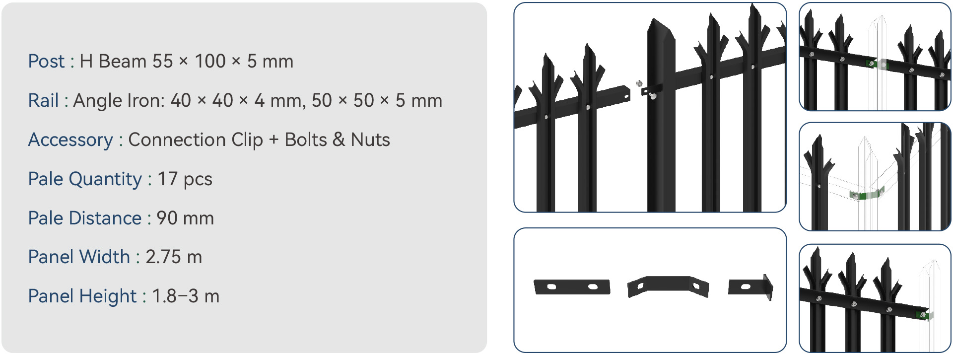 H Beam Post + Angle Iron Rail + Connection Clip