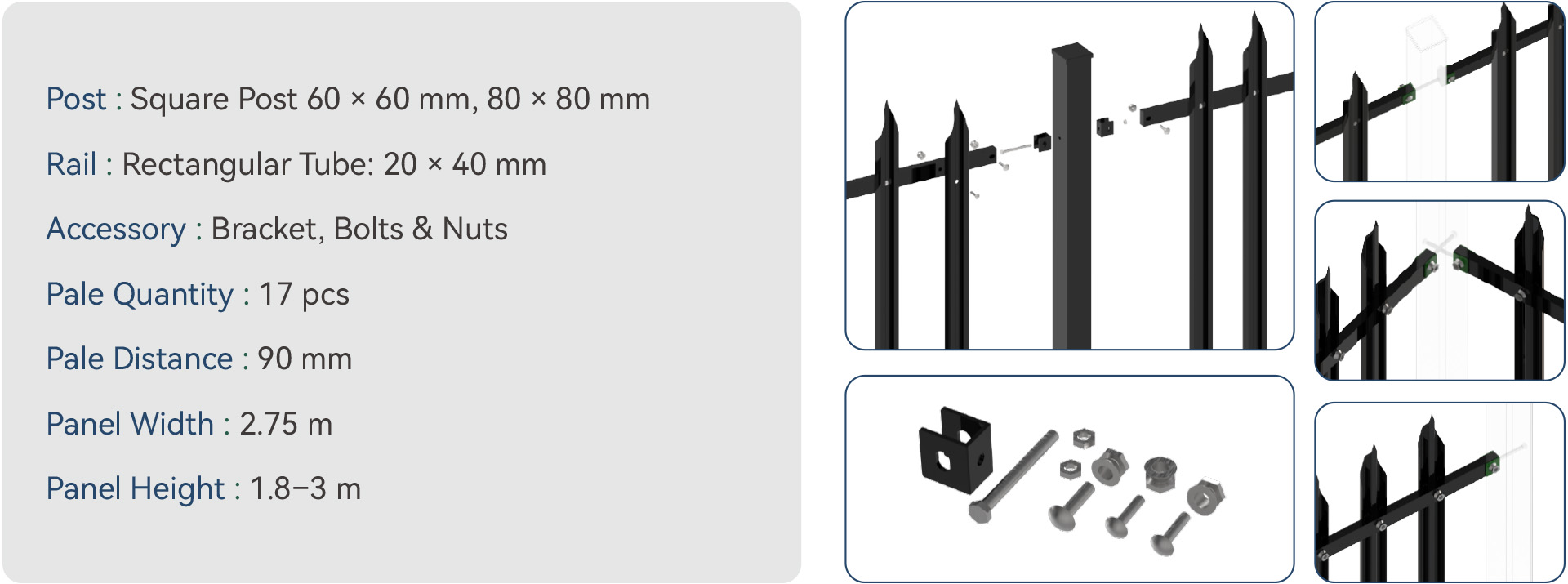 Square Post + Rectangular Tube Rail + Bracket